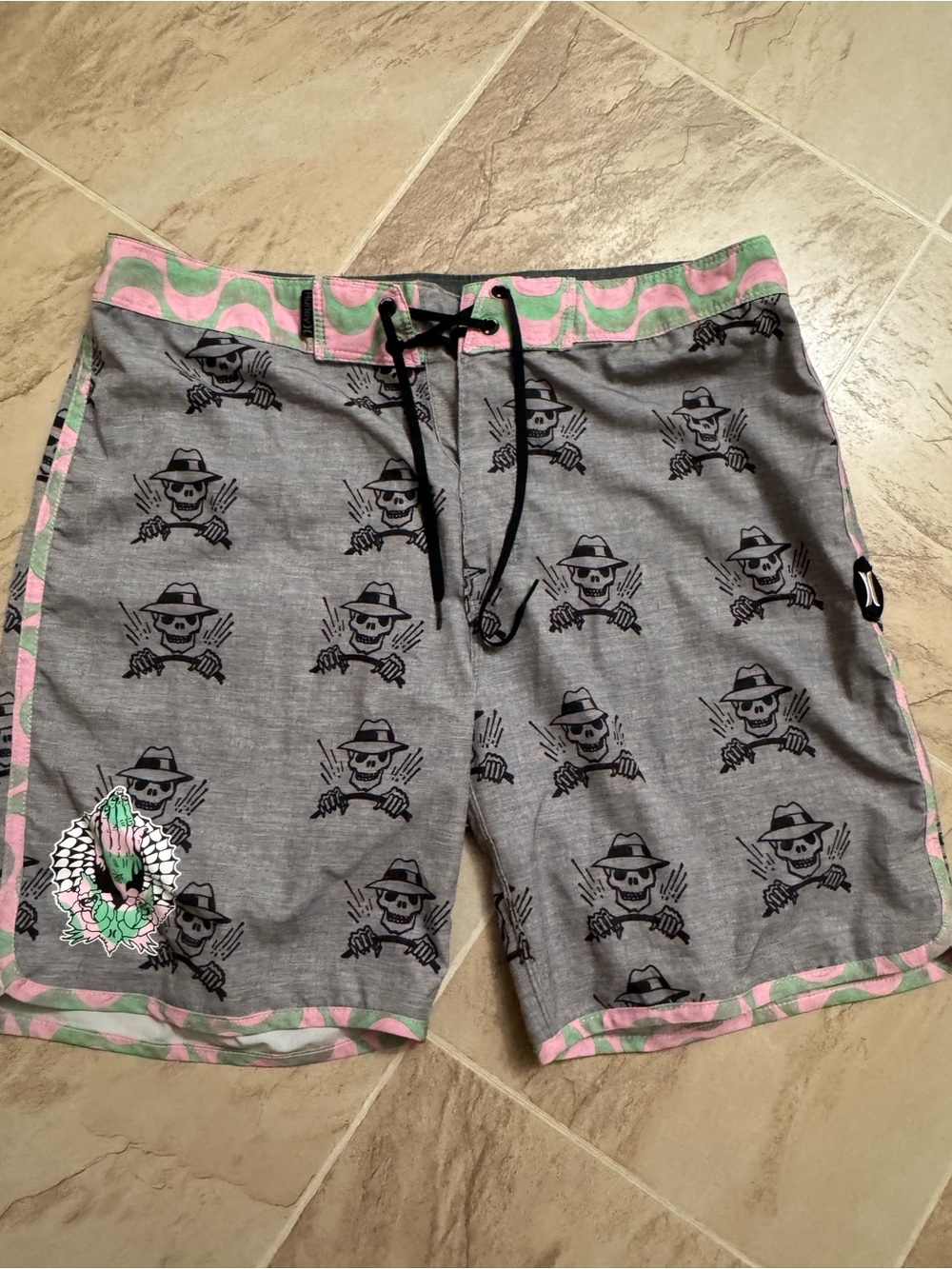 Hurley Gray Skull Print Swim Board Shorts with Pink & Mint Trim